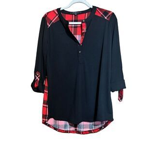 Calessa Top Small Multicolr Plaid Mixed Print Roll Tab Sleeve Stretch Blouse